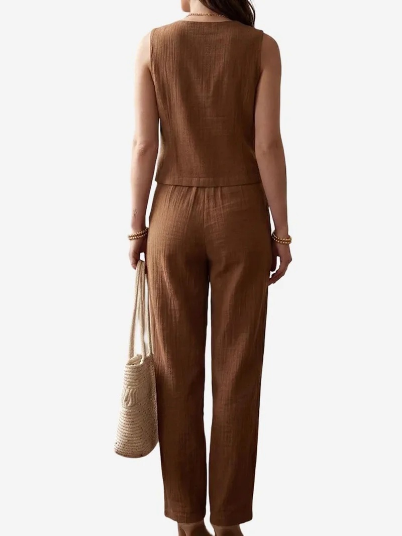 MY FASHION Coffee Brown MY FASHION Textured Cotton V-Neck Vest & Pants Two-Piece Set for Women | Best Price UAE
